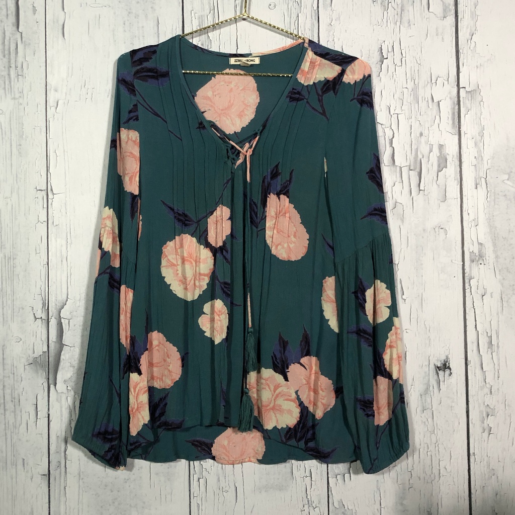 Billabong Blue Flower Print Long Sleeve Top Sz M